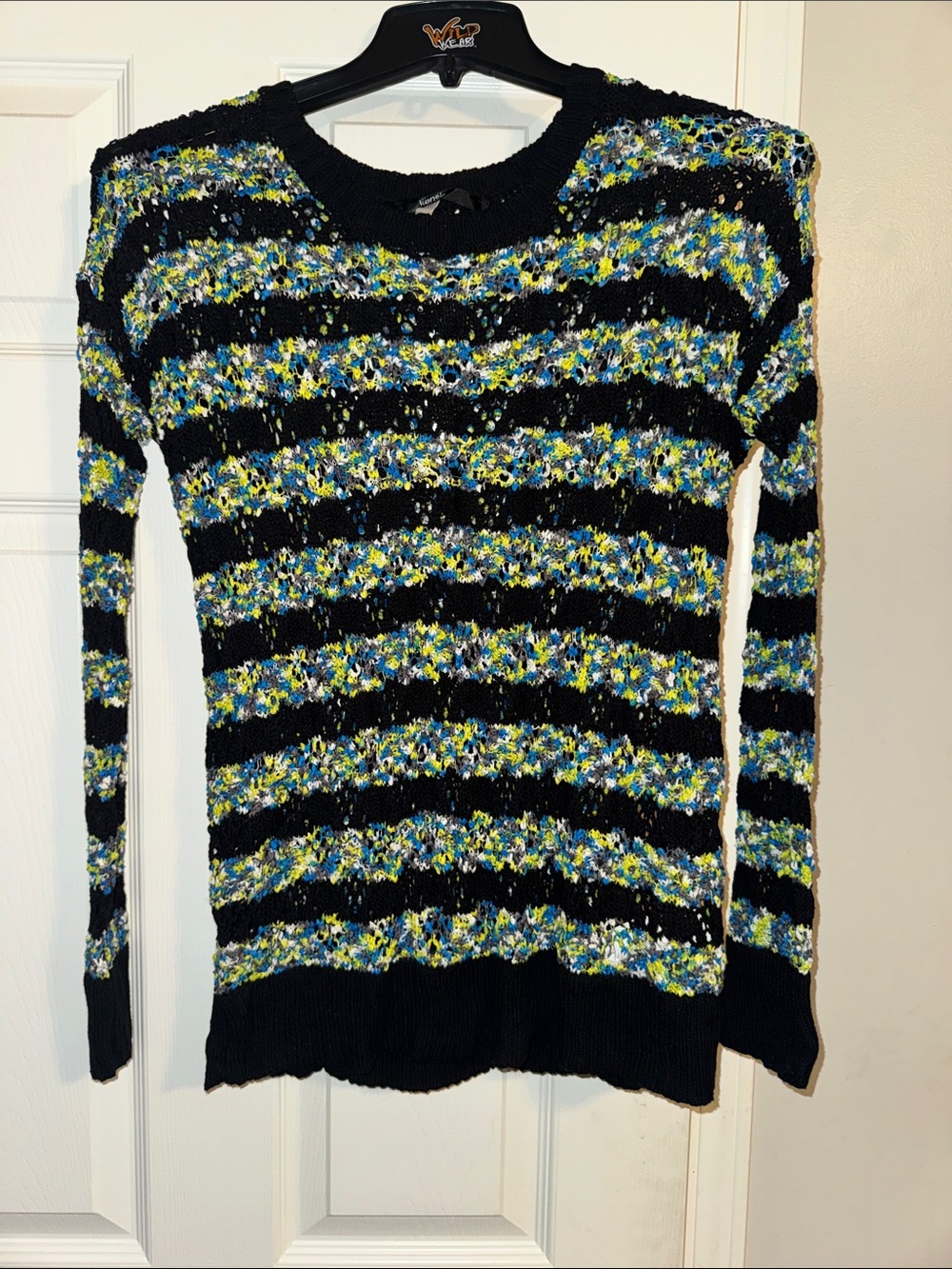 Kensie Black Crewneck Sweater with Yellow, Blue and White Bouclé Stripes
